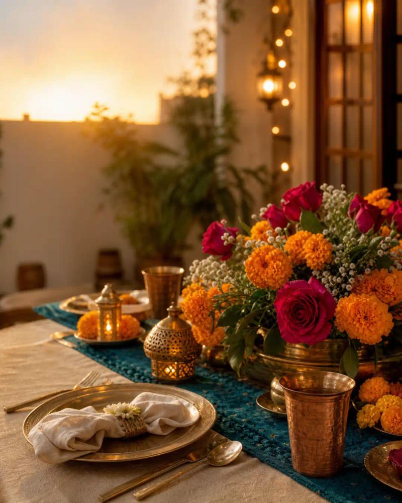 Close view of a staged home dinner table with brass setting, teal runner, marigolds and pink roses at sunset.