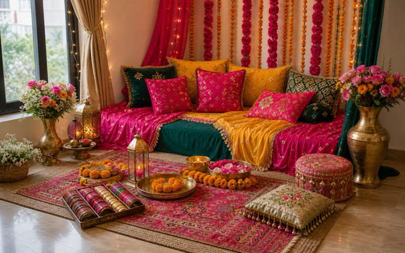 Staged mehndi-style seating corner with colourful cushions, marigold garlands, lanterns and brass trays.