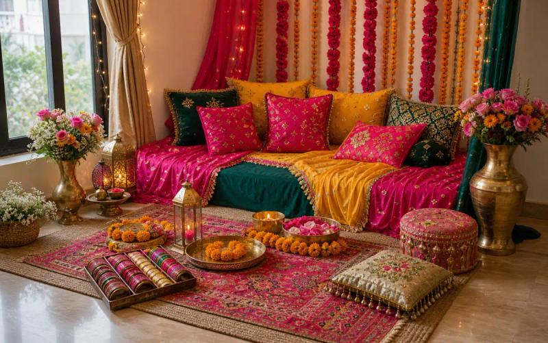 Staged mehndi-style seating corner with colourful cushions, marigold garlands, lanterns and brass trays.