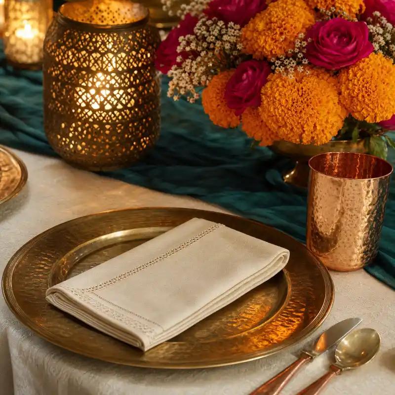 Staged table styling detail with brass plate, cream napkin, copper tumbler, lantern and flowers.