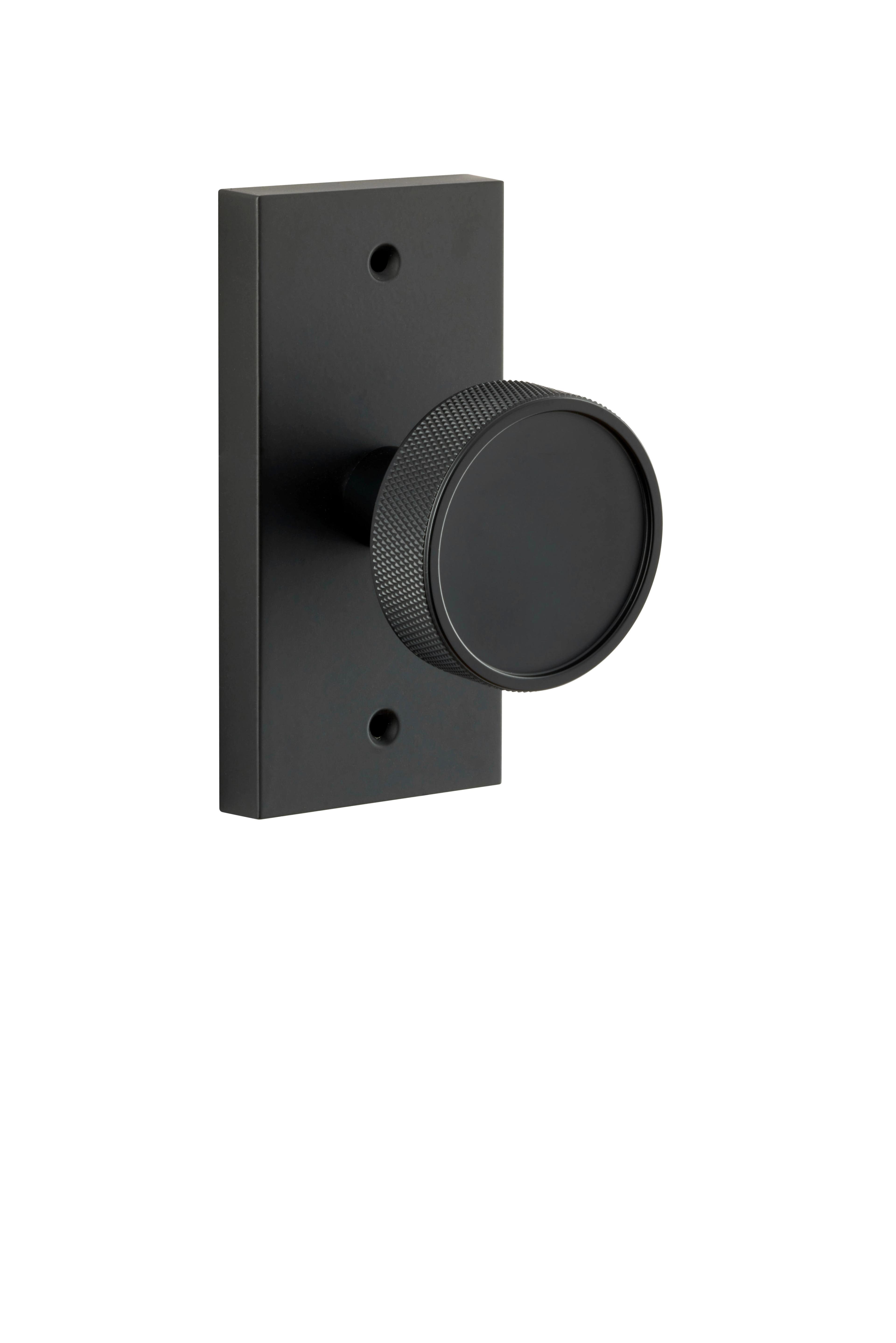 matte black knurled door knob rectangular plate