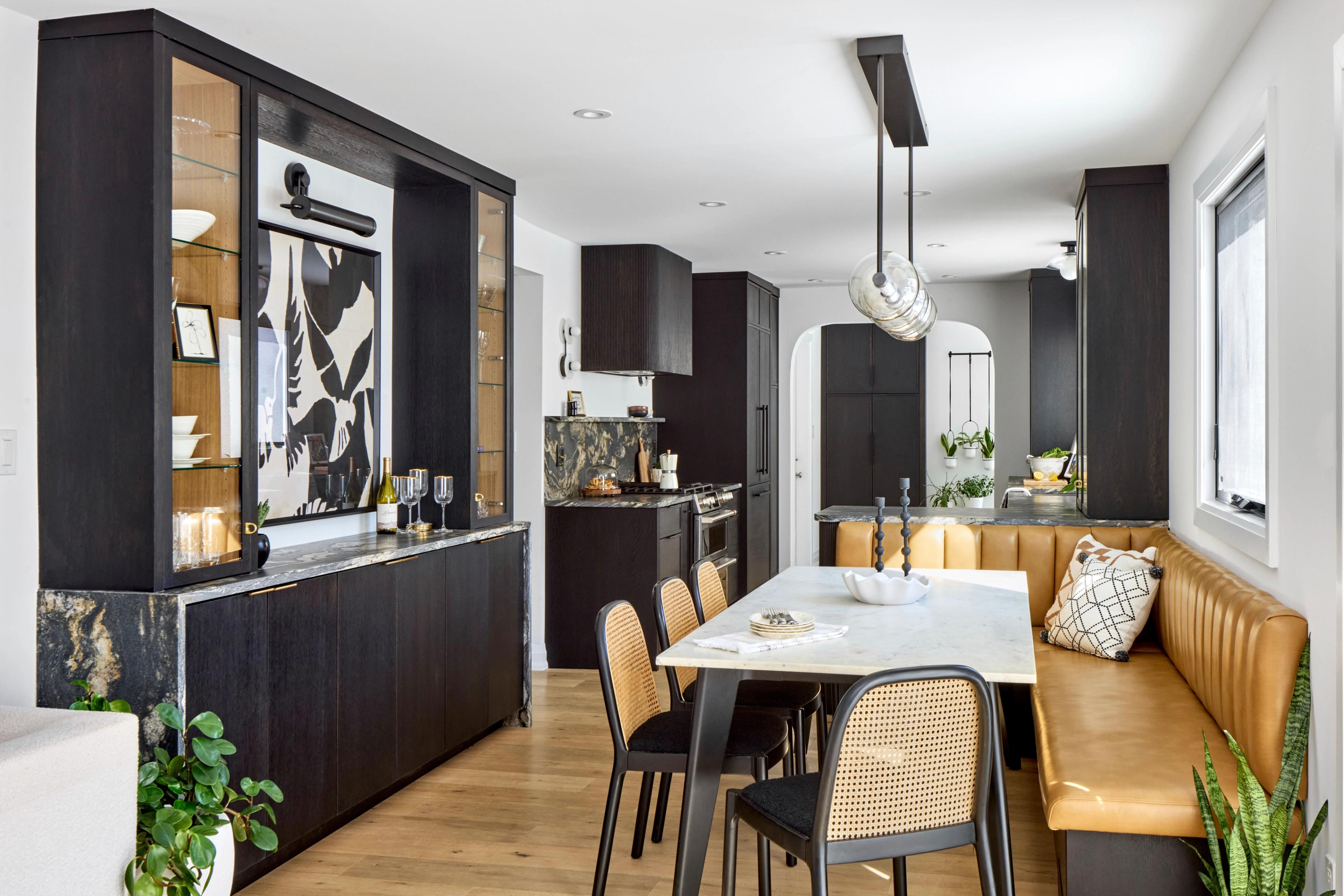 dark kitchen and dinning room with banquette cane chairs