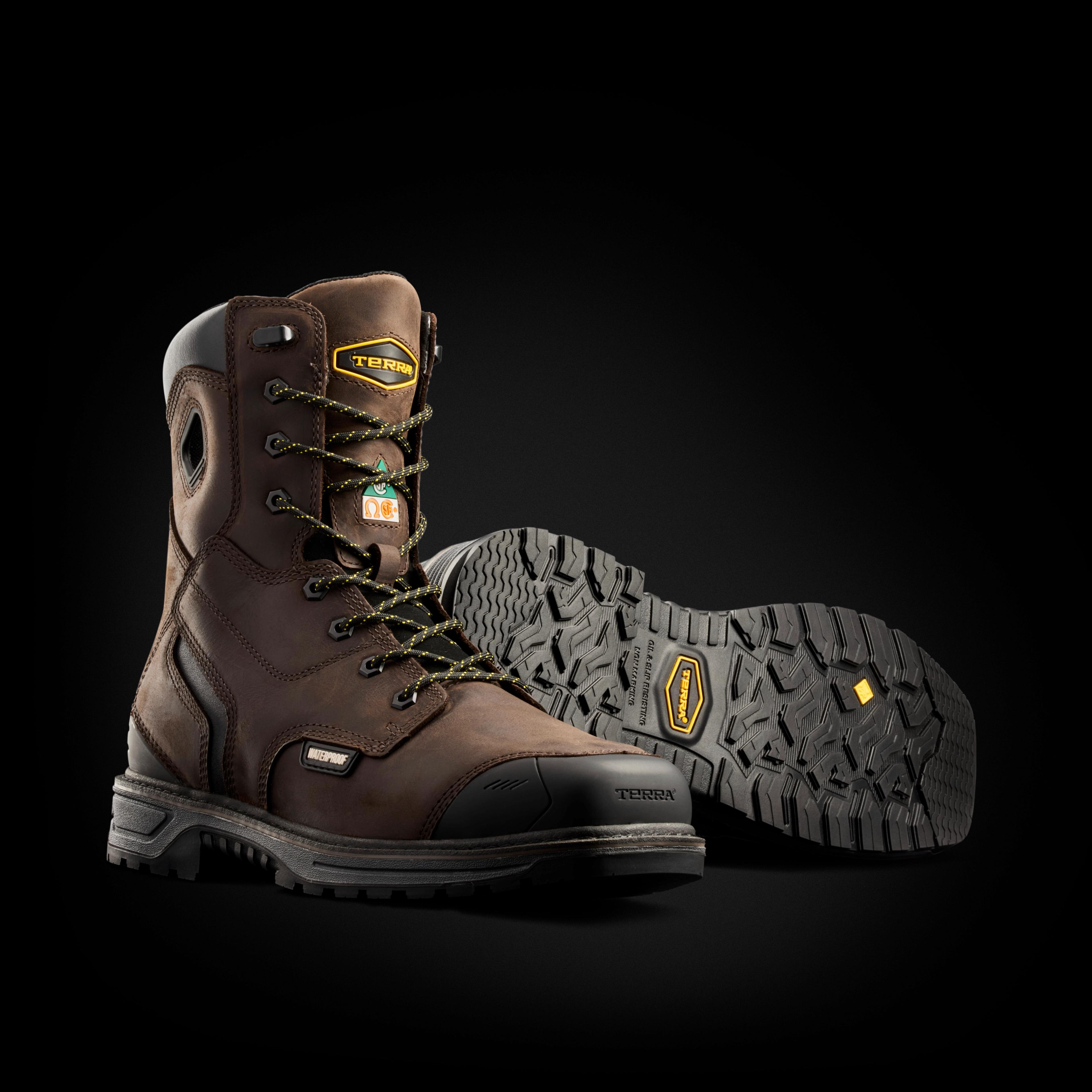 terra brown work boots sole detail dark background