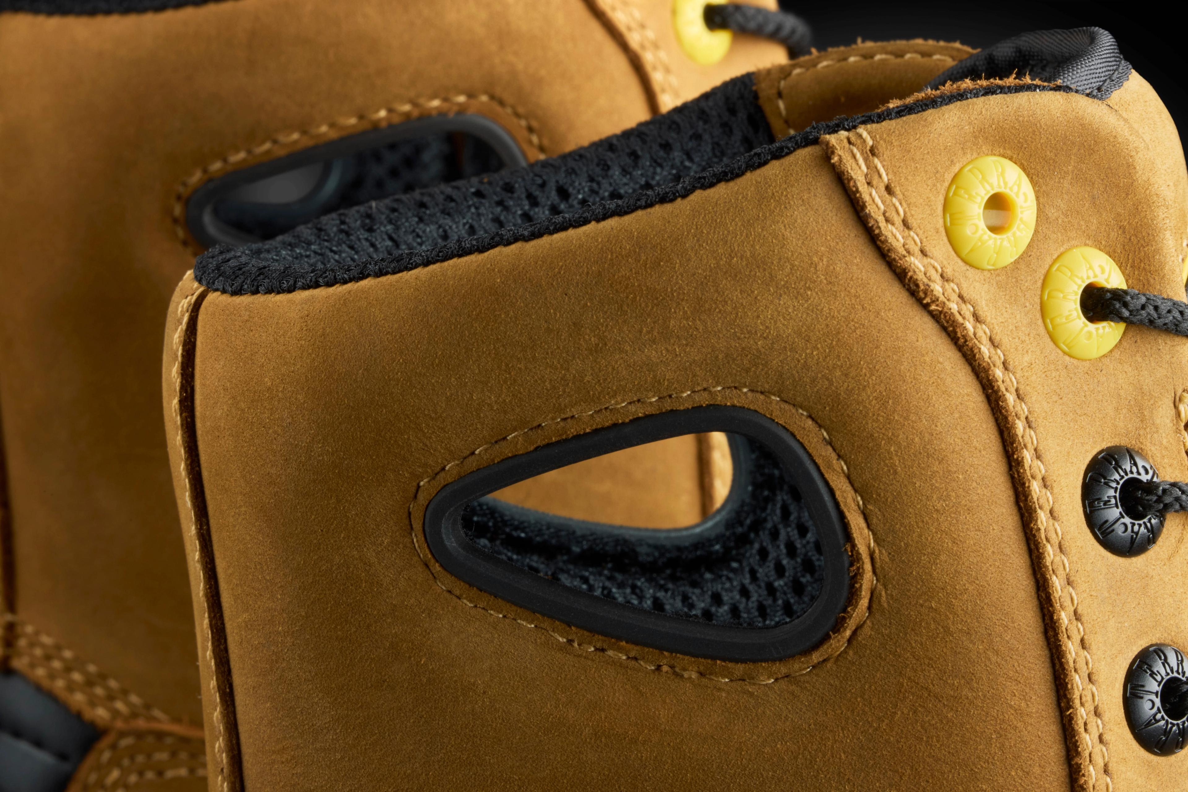 tan work-boot ventilation port detail close up