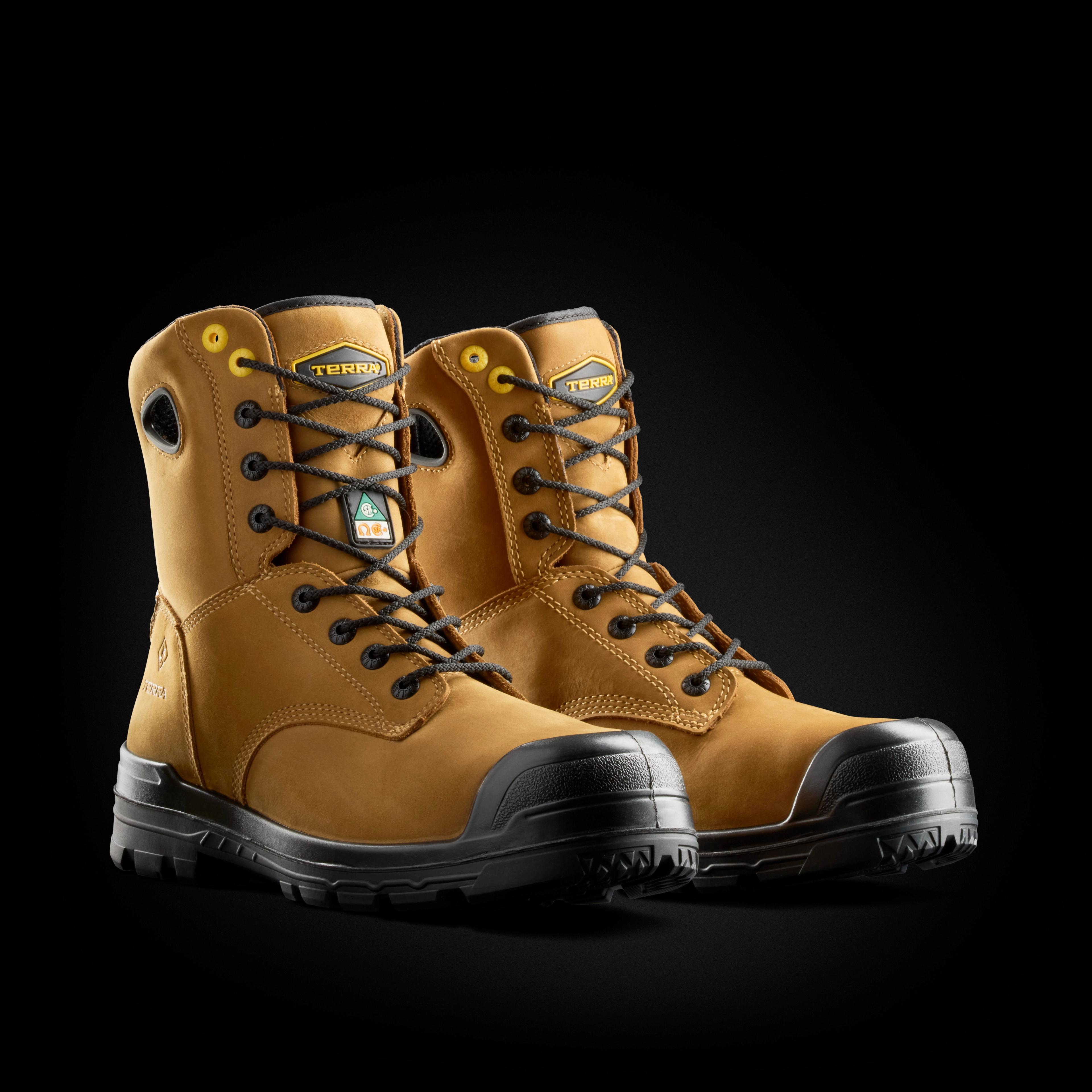 terra tan work boots dark background