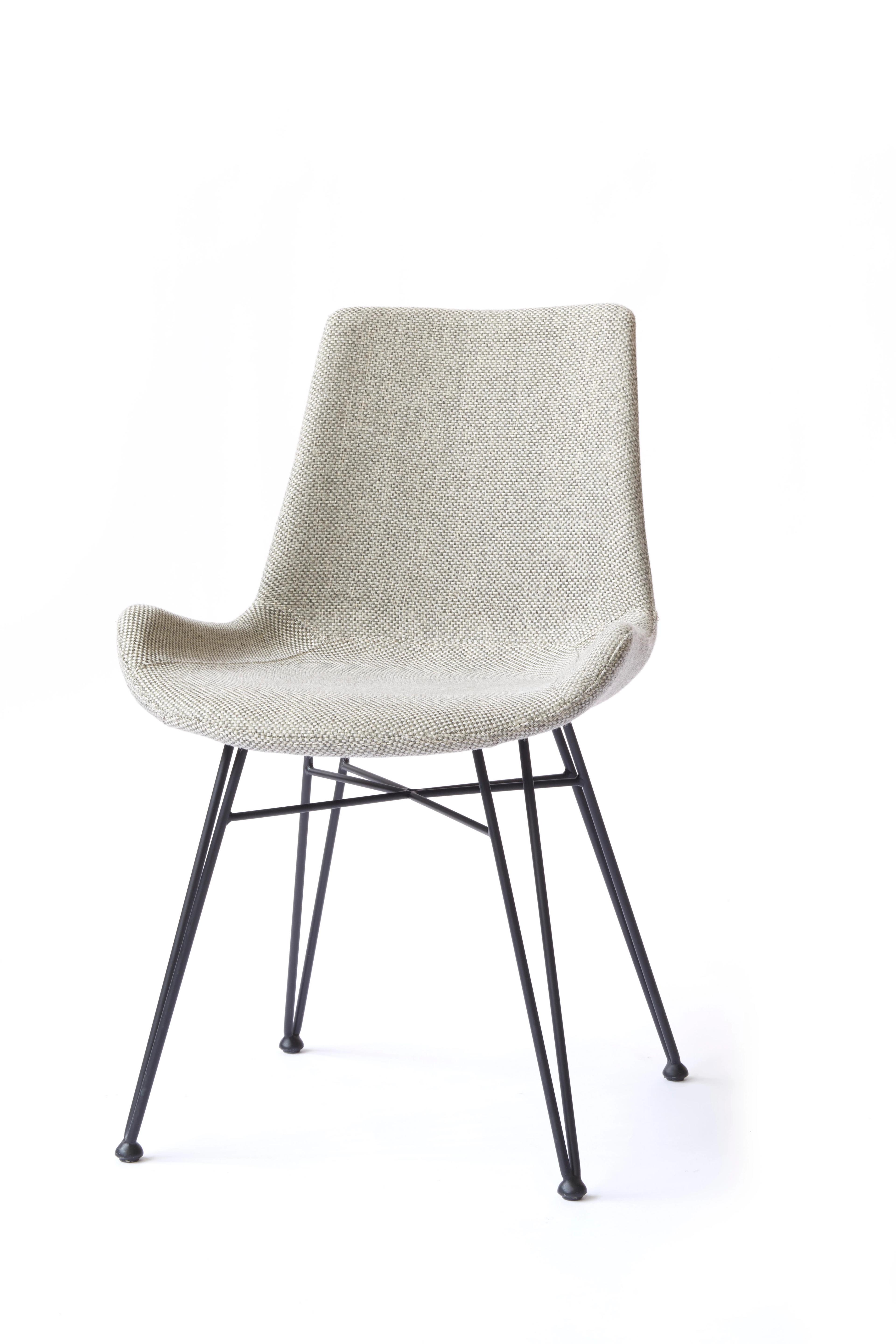 beige upholstered dining chair with wire legs 