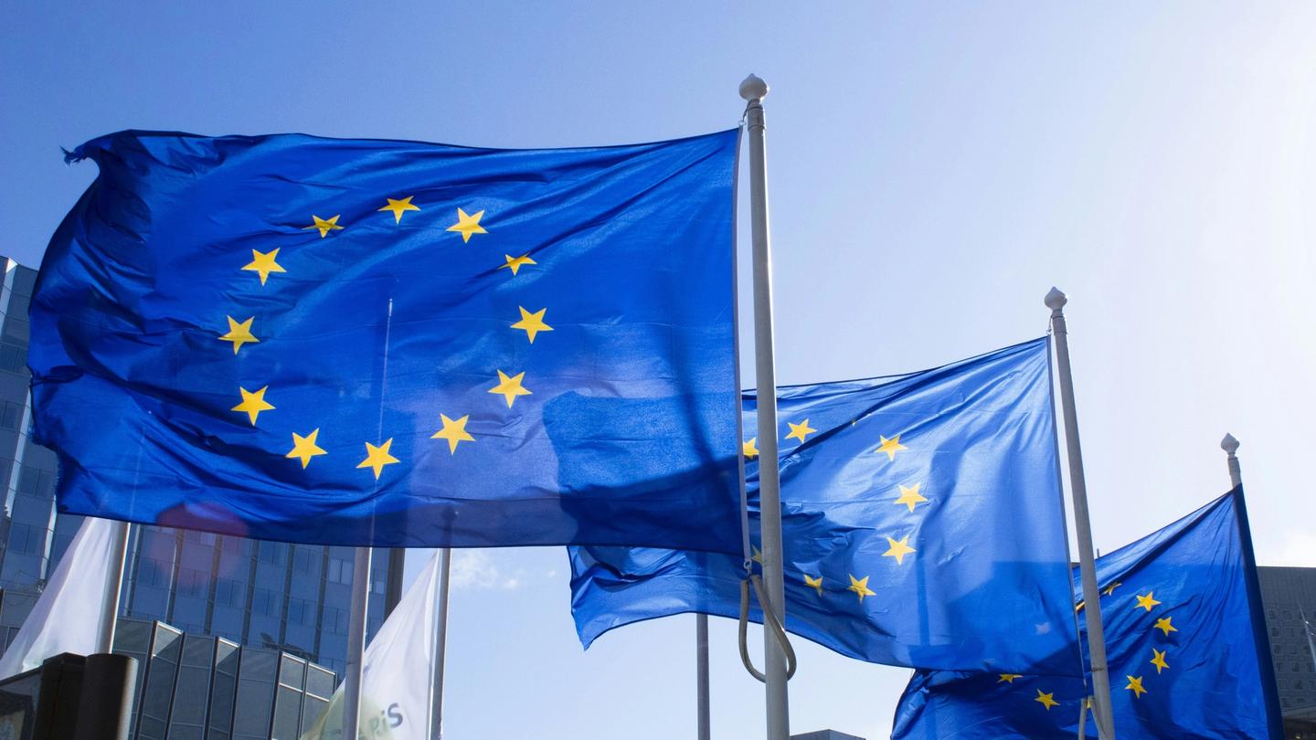 Bandiere europee davanti a un edificio istituzionale