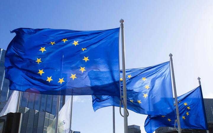 Bandiere europee davanti a un edificio istituzionale