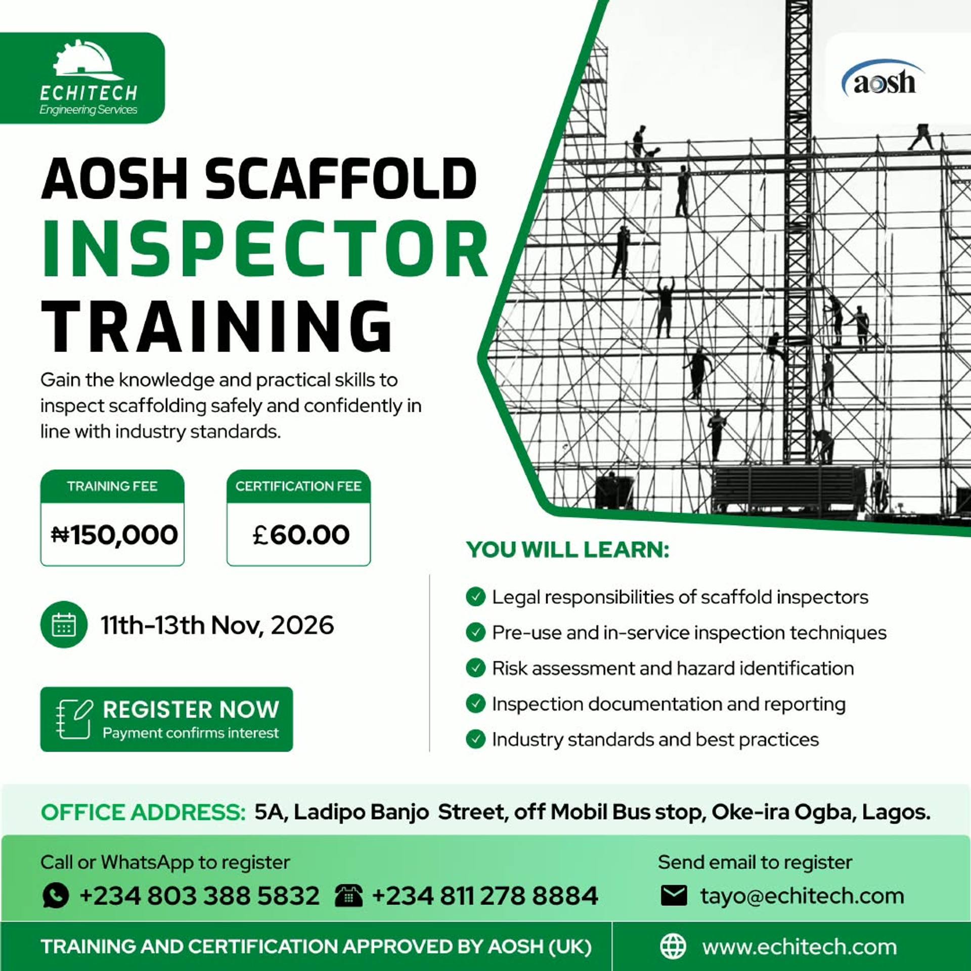 AOSH UK Scaffold Inspector Training flyer – Echitech, 11–13 Nov 2026, Ogba, Lagos