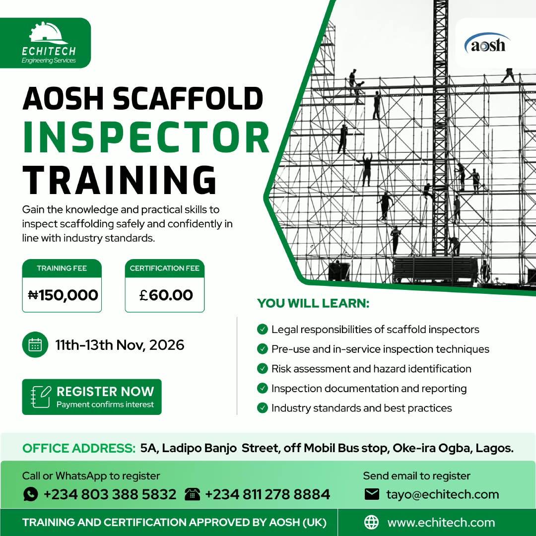 AOSH UK Scaffold Inspector Training flyer – Echitech, 11–13 Nov 2026, Ogba, Lagos