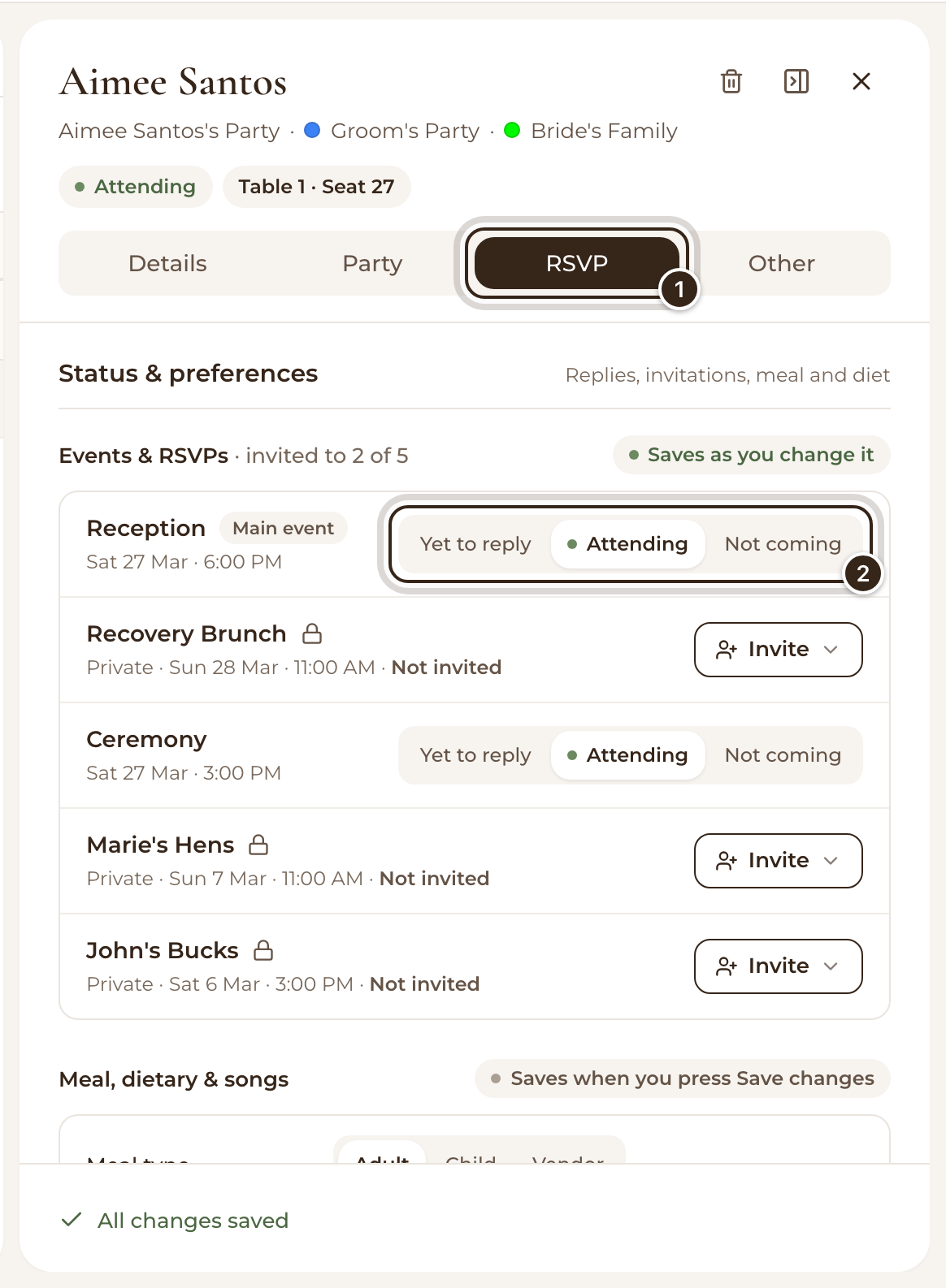 A guest's RSVP tab with the RSVP tab and the Reception reply marked