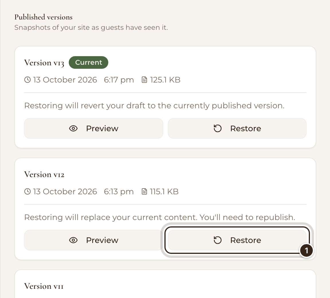 Version History's published versions with an earlier version's Restore button marked