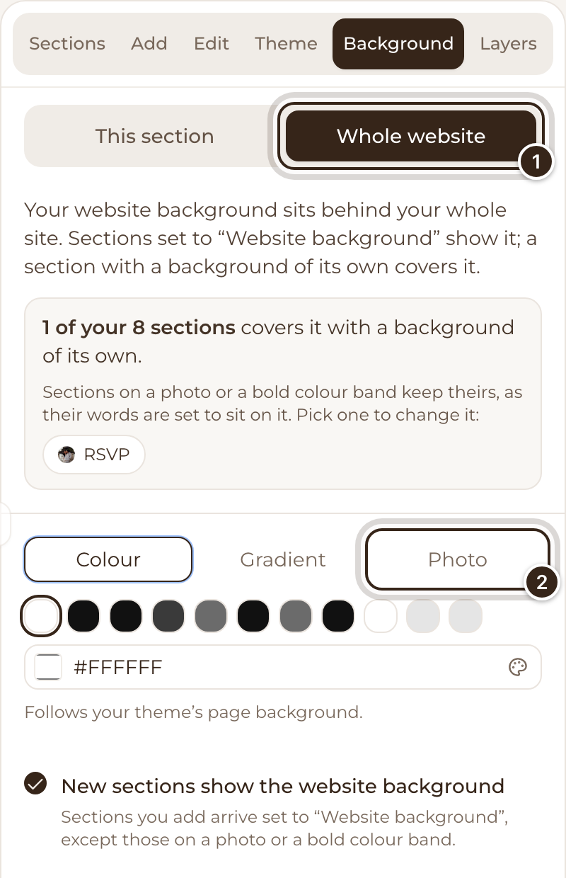 The Background tab's Whole website view with the Photo choice marked