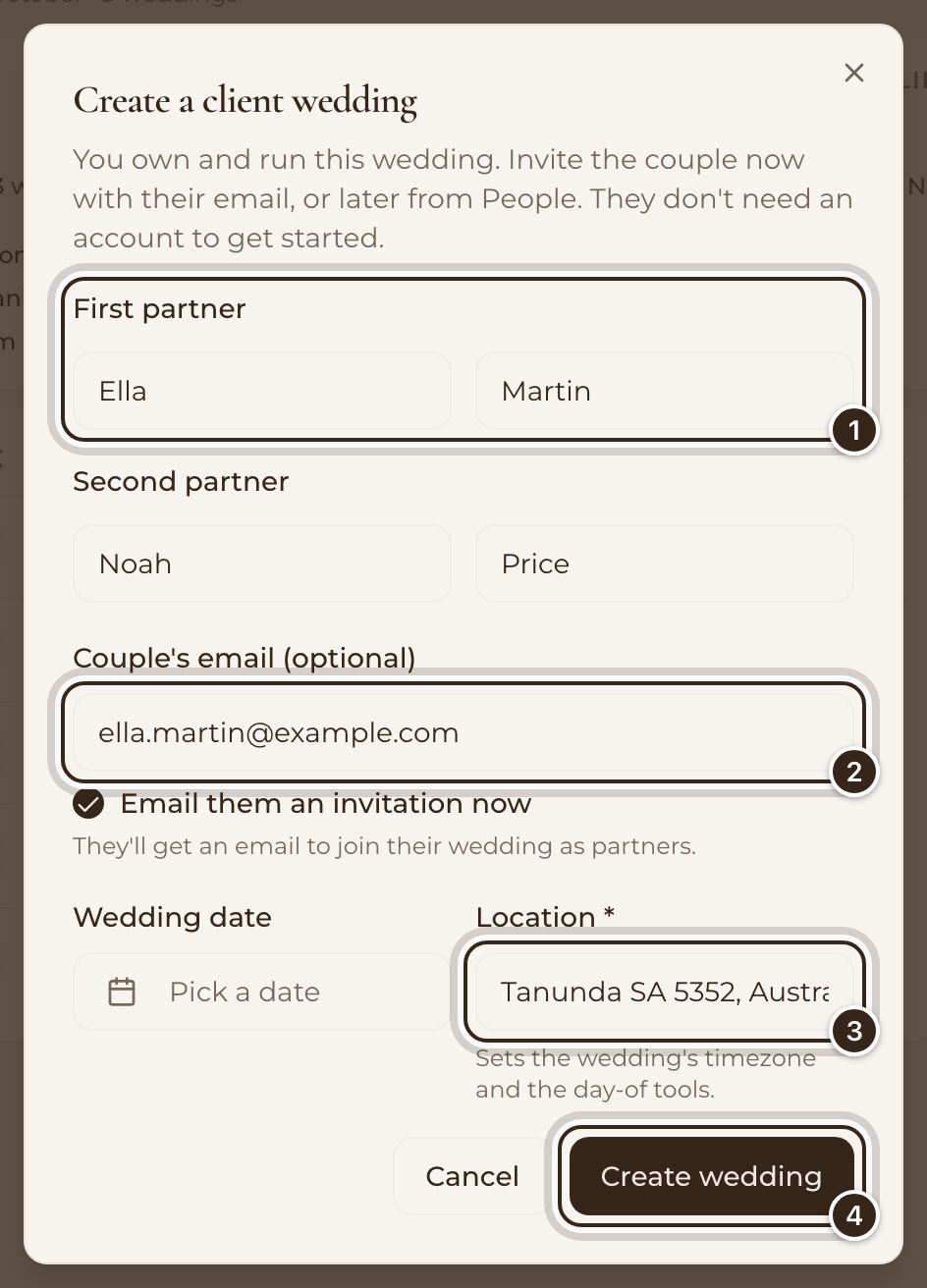 The Create a client wedding window filled in for an example couple, with the first partner, couple's email, location and Create wedding marked