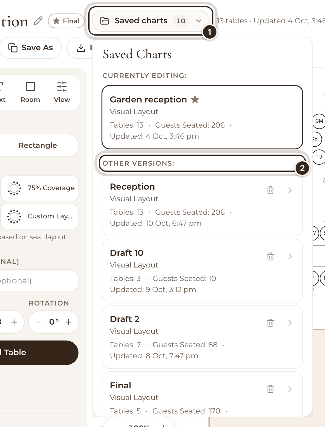 The Saved charts list open, with the Saved charts button and the Other Versions heading marked