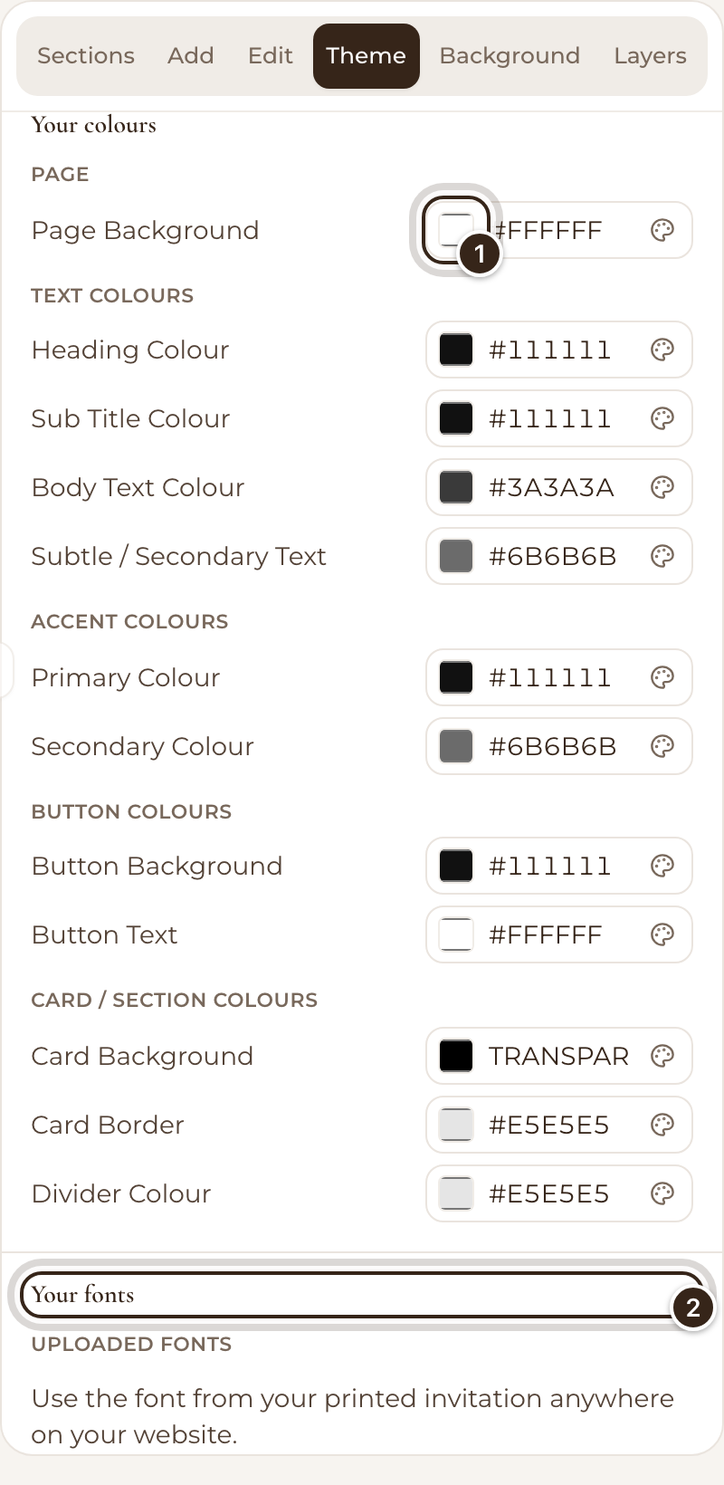 Your colours, with the Page Background colour and the Your fonts heading marked