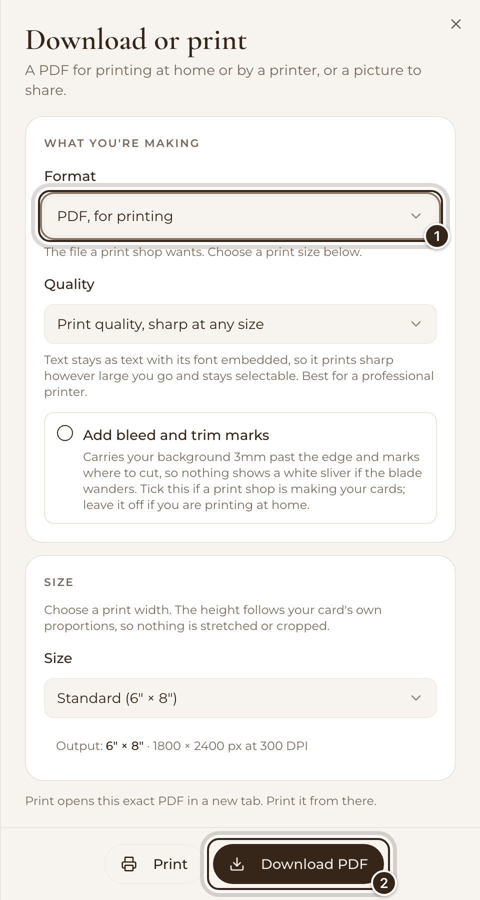 The Download or print panel with Format and Download PDF marked