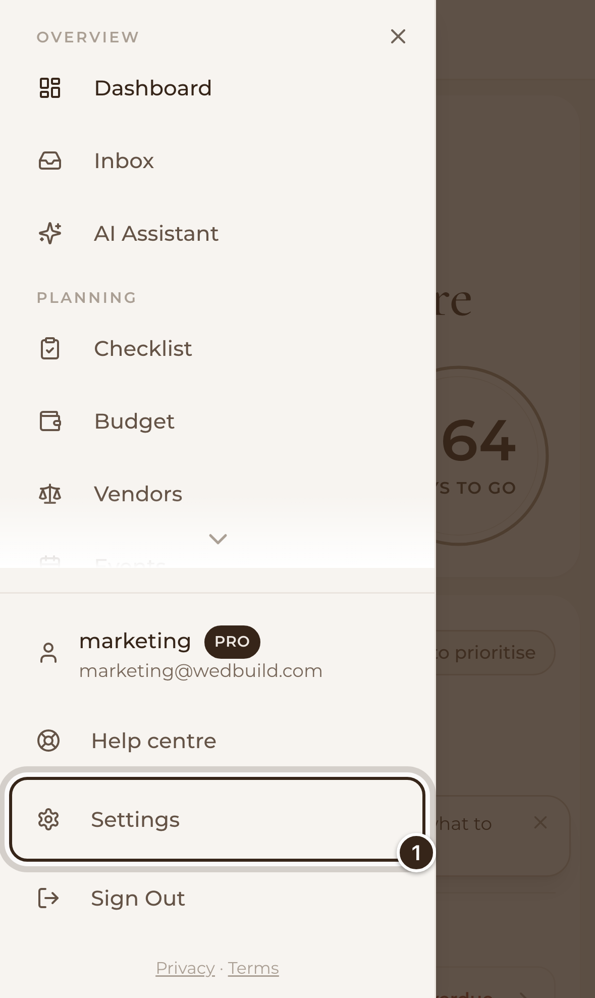 The phone menu open, with Settings marked
