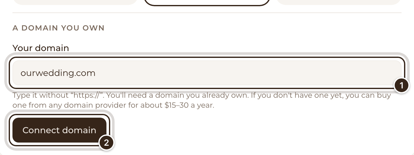 The Your domain box with ourwedding.com typed in and the Connect domain button marked