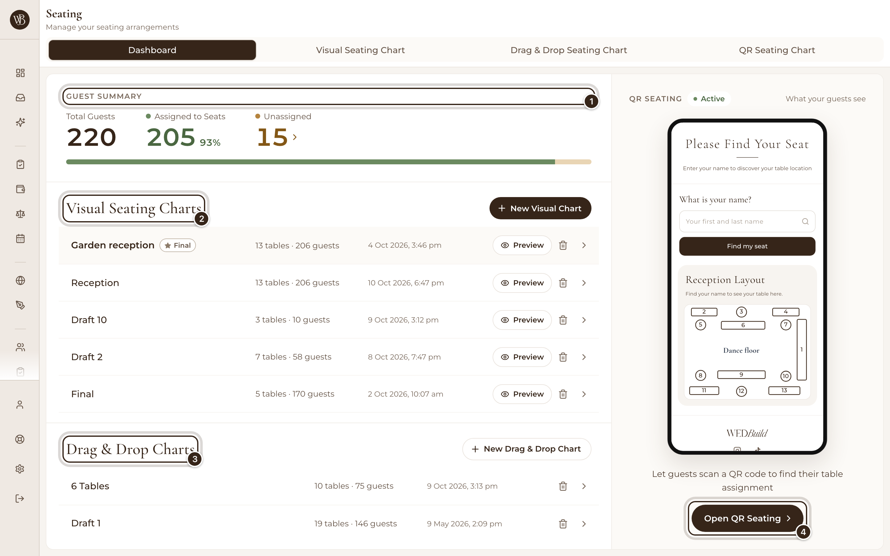 The Seating Dashboard with the Guest Summary, Visual Seating Charts, Drag & Drop Charts and Open QR Seating marked