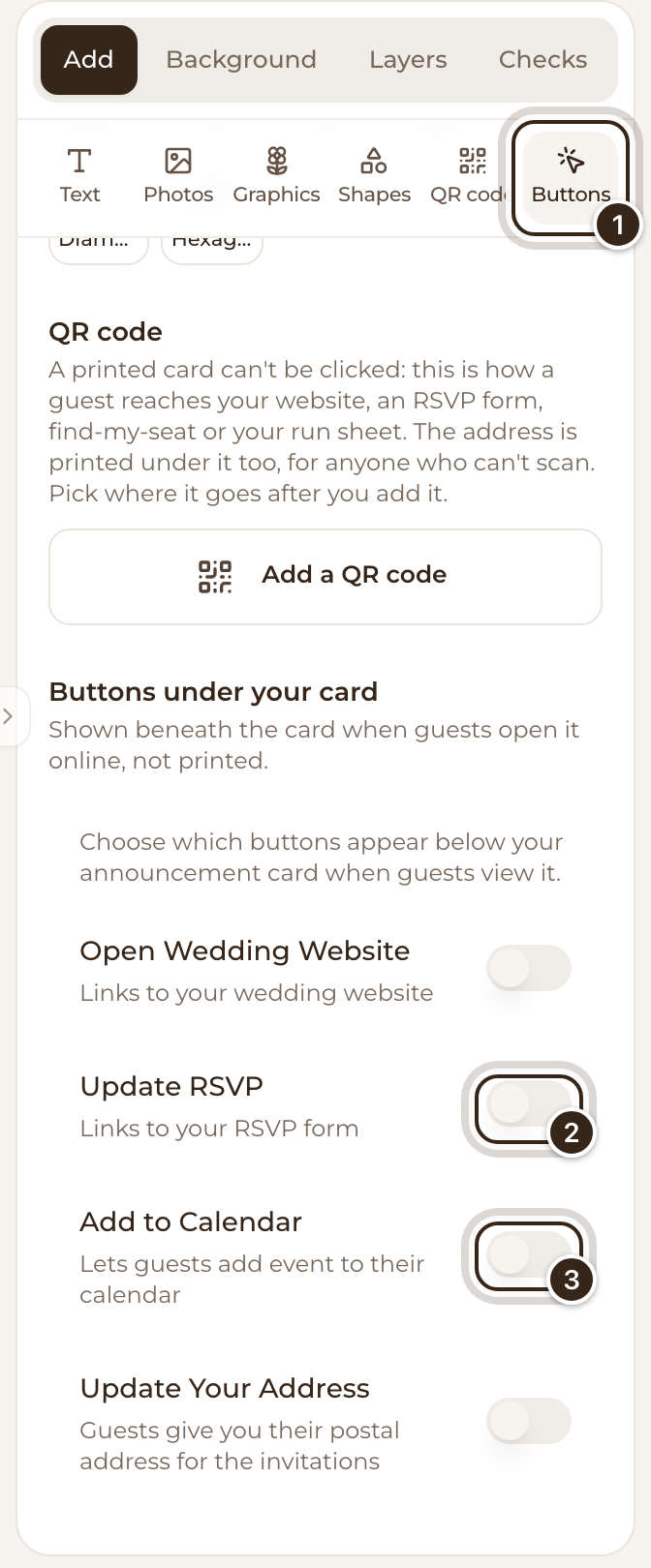 The Add tab at Buttons under your card, with the Buttons shortcut, Update RSVP and Add to Calendar marked