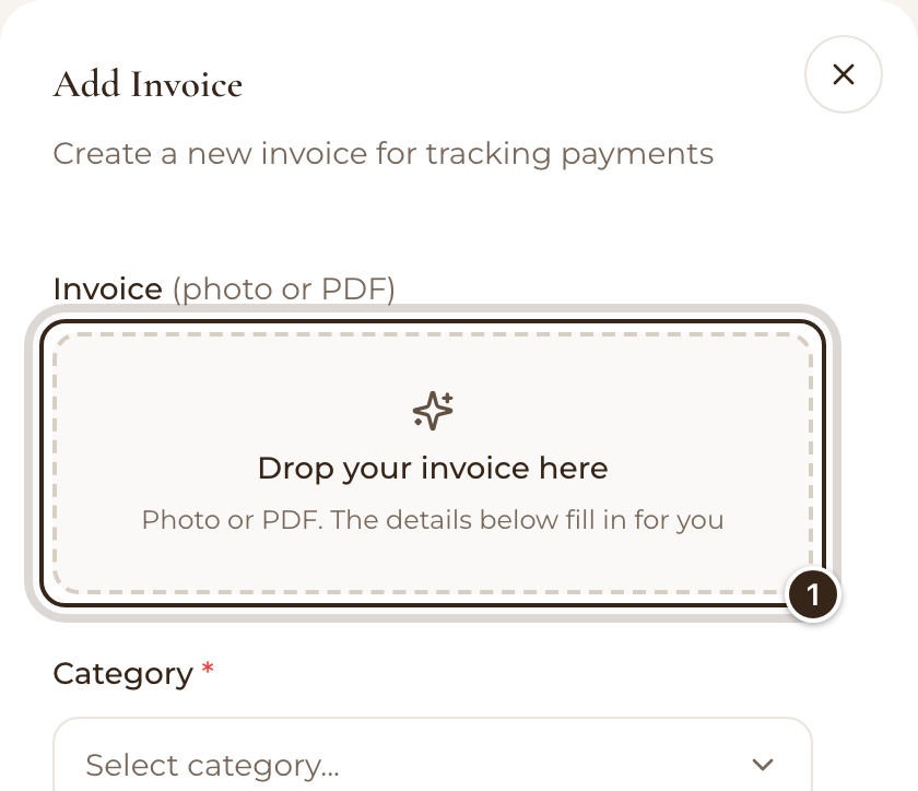 The top of the Add Invoice form, with the Drop your invoice here box marked