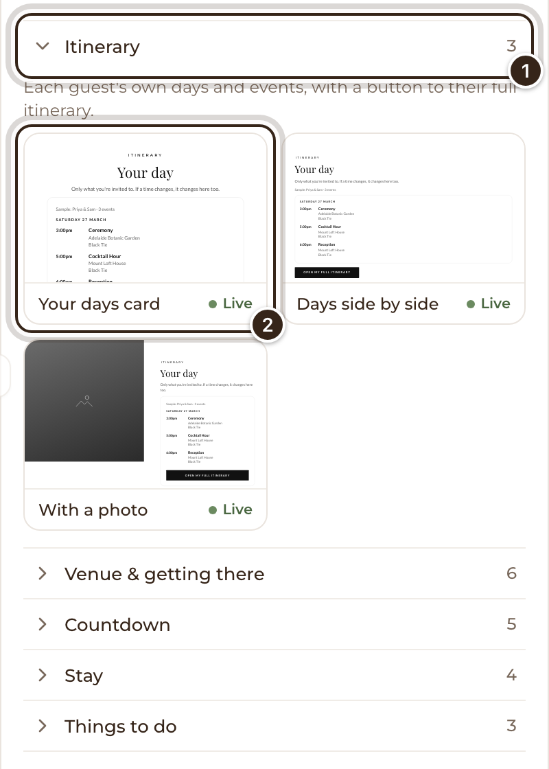 The Sections tab with the Itinerary designs open, and Itinerary and the first design marked