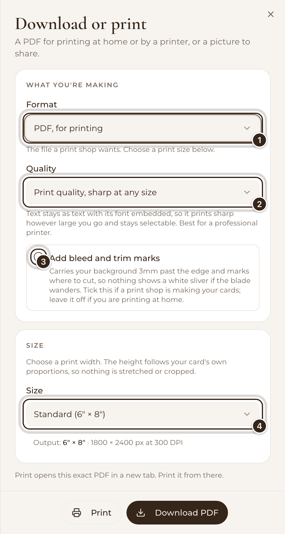 The Download or print panel with Format, Quality, Add bleed and trim marks and Size marked
