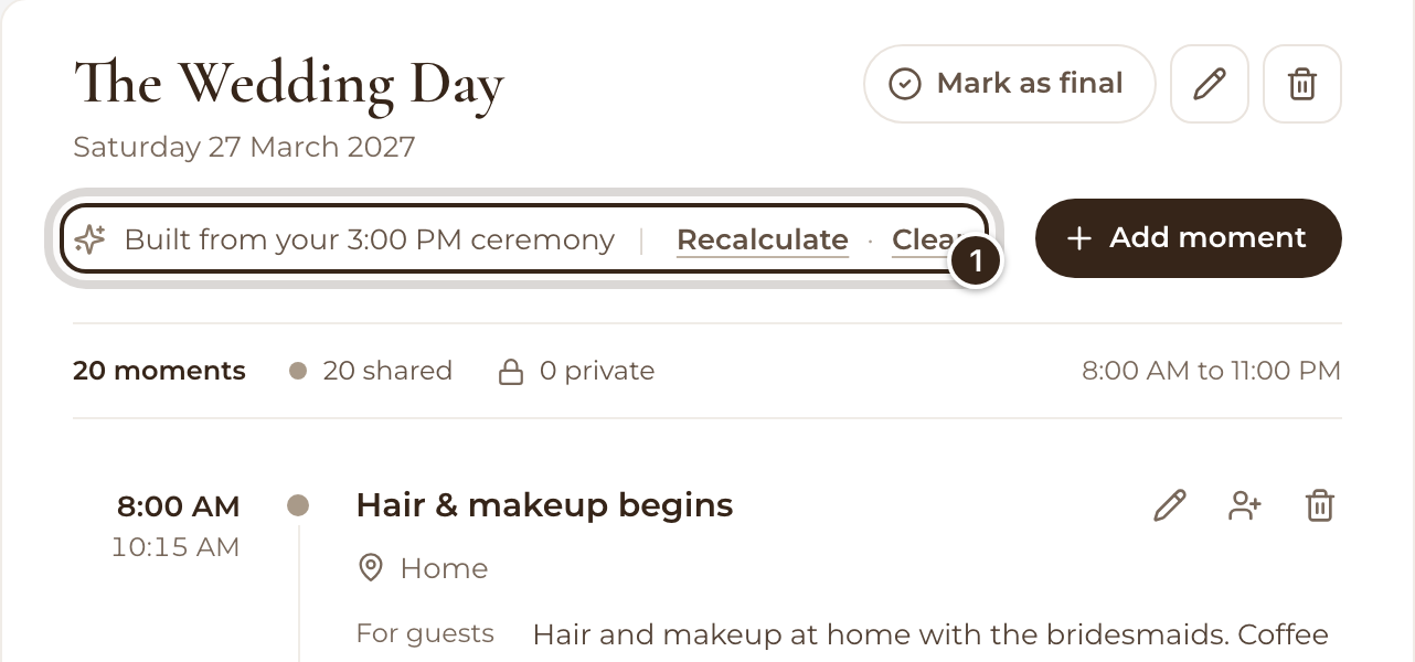 The line Built from your 3:00 PM ceremony, with its Recalculate and Clear links, under the day's name