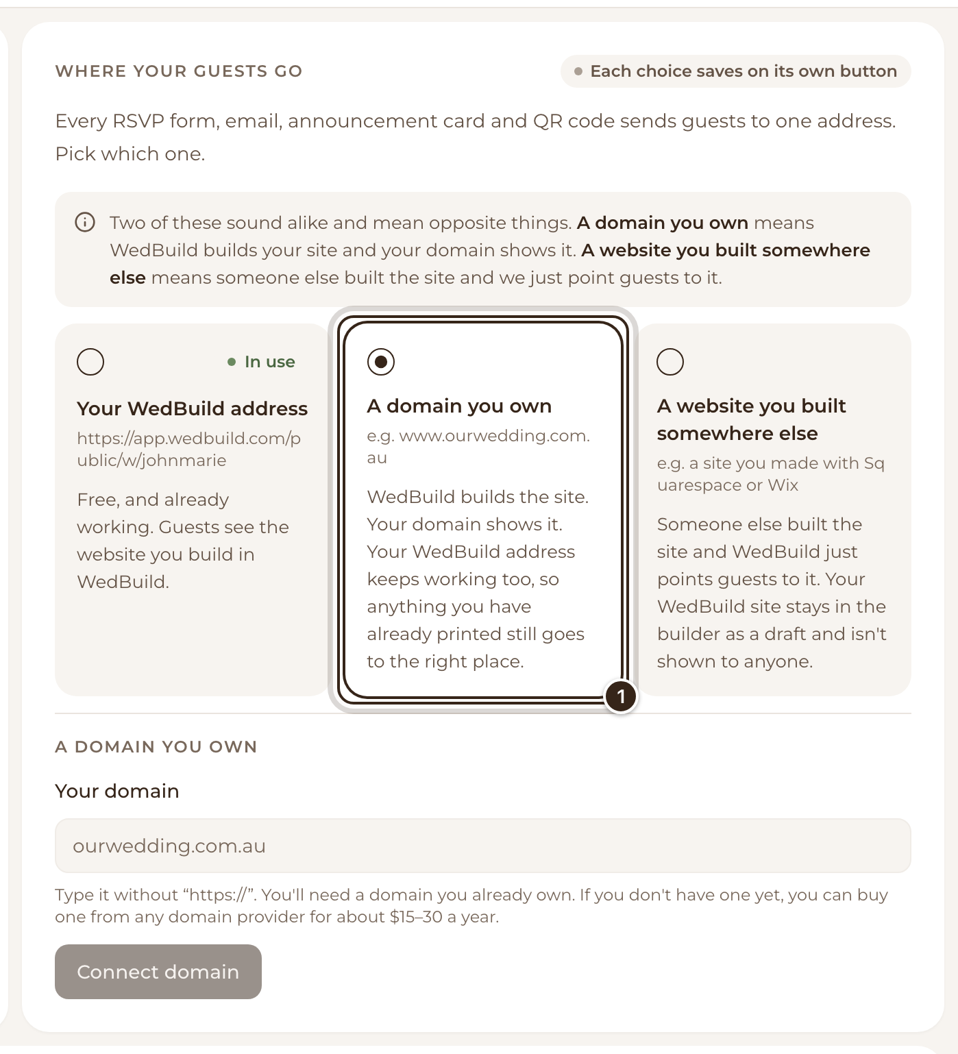 The Where your guests go card with A domain you own chosen