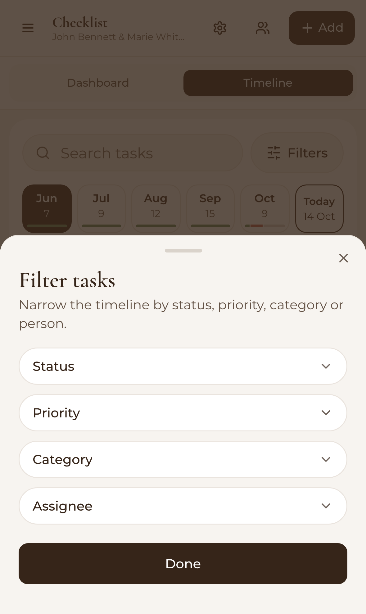 The Filter tasks sheet on a phone, with Status, Priority, Category and Assignee