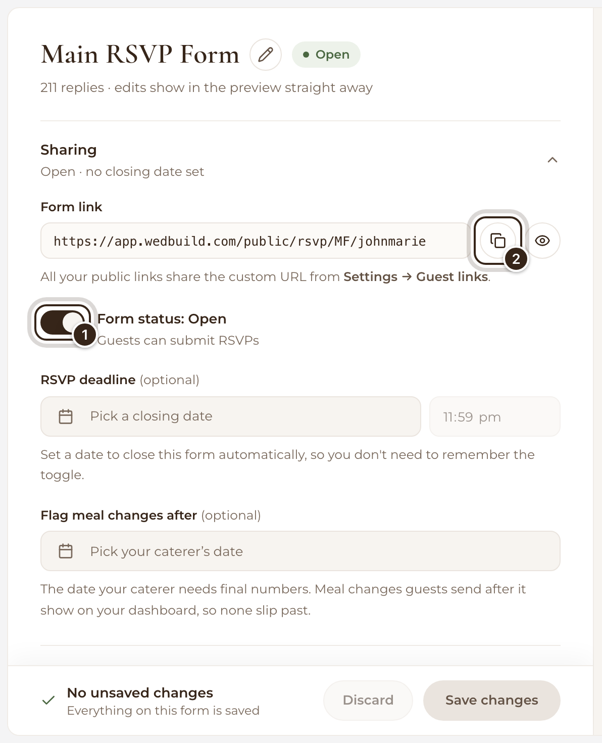The Sharing section with the Form status switch and Copy link marked