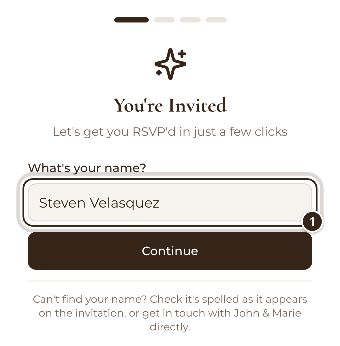The first screen of the RSVP form on a phone, headed You're Invited, with a name typed in the name box marked