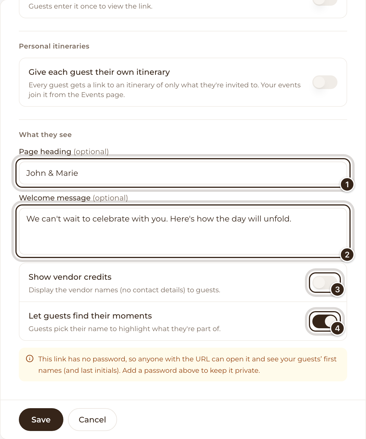 The What they see settings with Page heading, Welcome message, Show vendor credits and Let guests find their moments marked