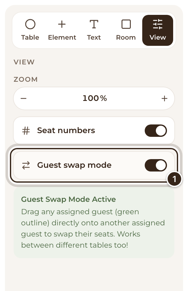 The View tool with Guest swap mode switched on and its note showing