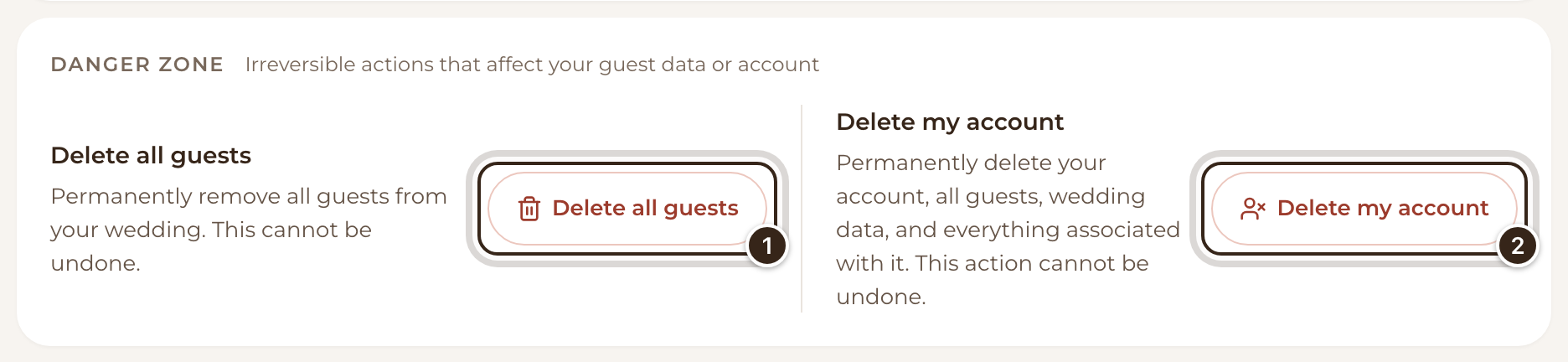 The Danger Zone with Delete all guests and Delete my account marked