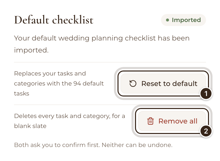 The Default checklist part of Checklist settings, with Reset to default and Remove all marked