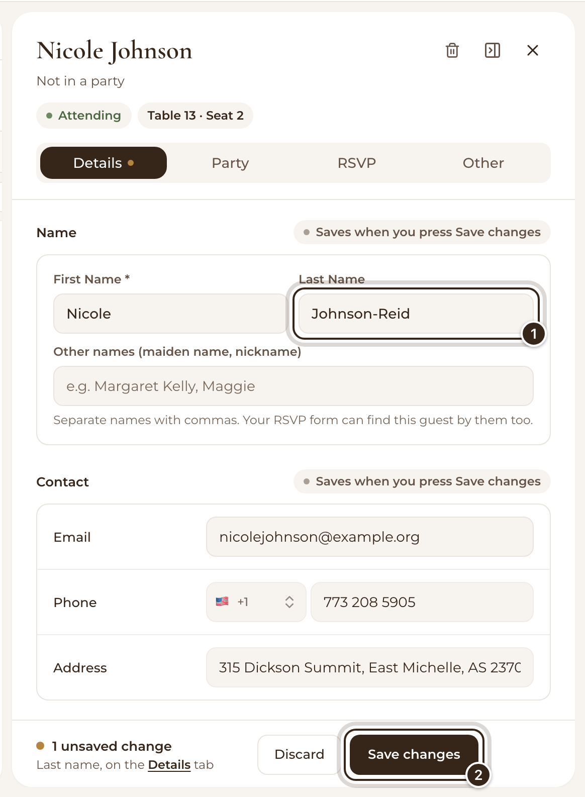 A guest's Details tab with a new last name typed, and the last name and Save changes marked
