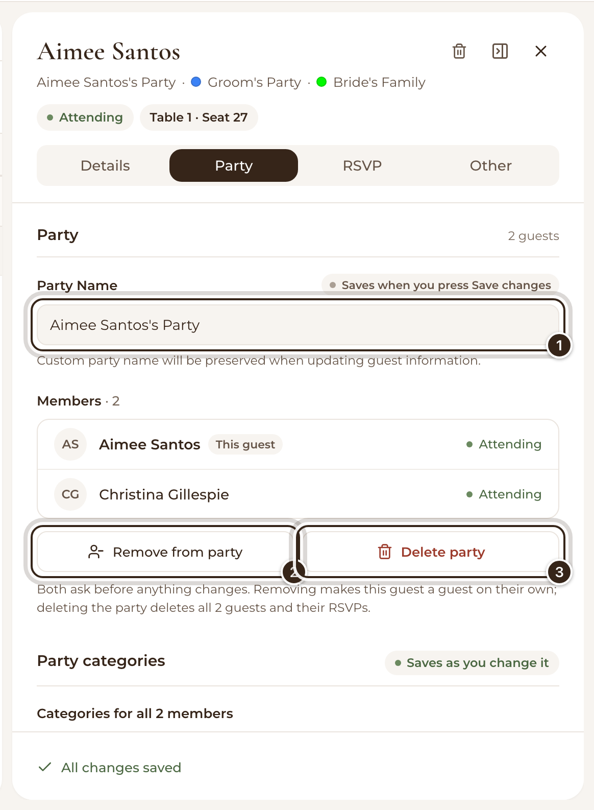 A guest's Party tab with the Party Name box, Remove from party and Delete party marked