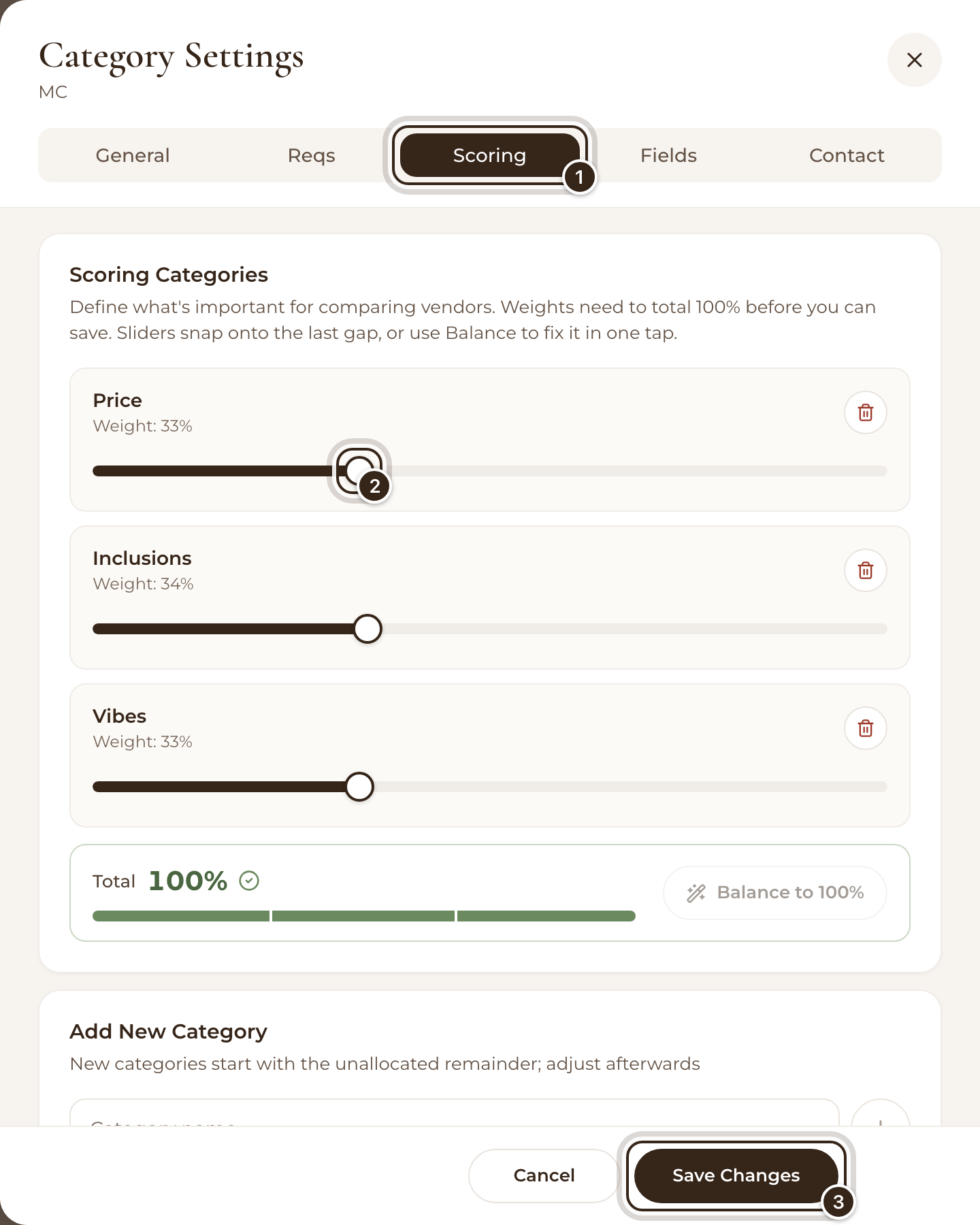 Category Settings on the Scoring tab, with the tab, the Price slider and Save Changes marked