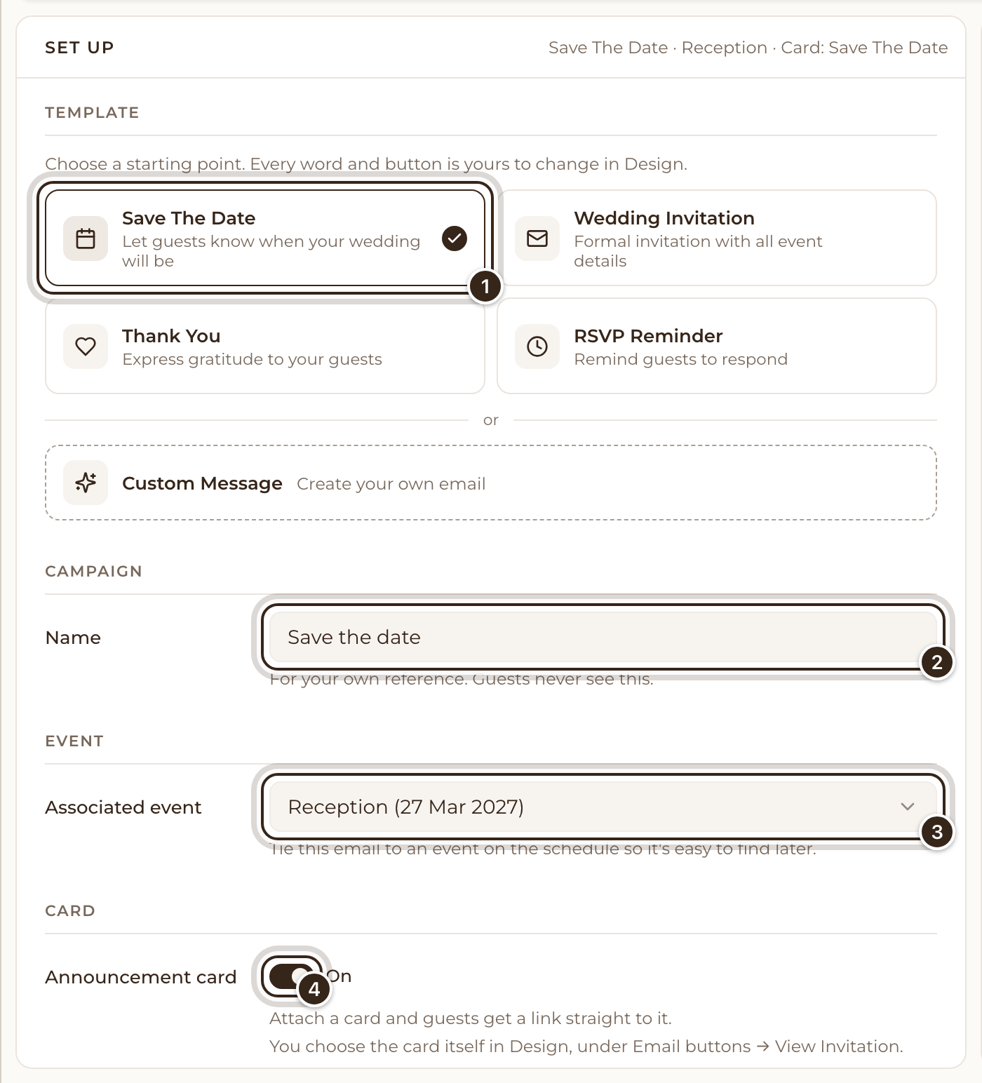 The Set Up tab with the Save The Date template, Name, Associated event and the Announcement card switch marked