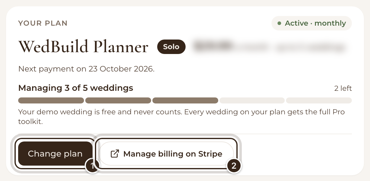 The Your plan card in Plan & billing, with Change plan and Manage billing on Stripe marked
