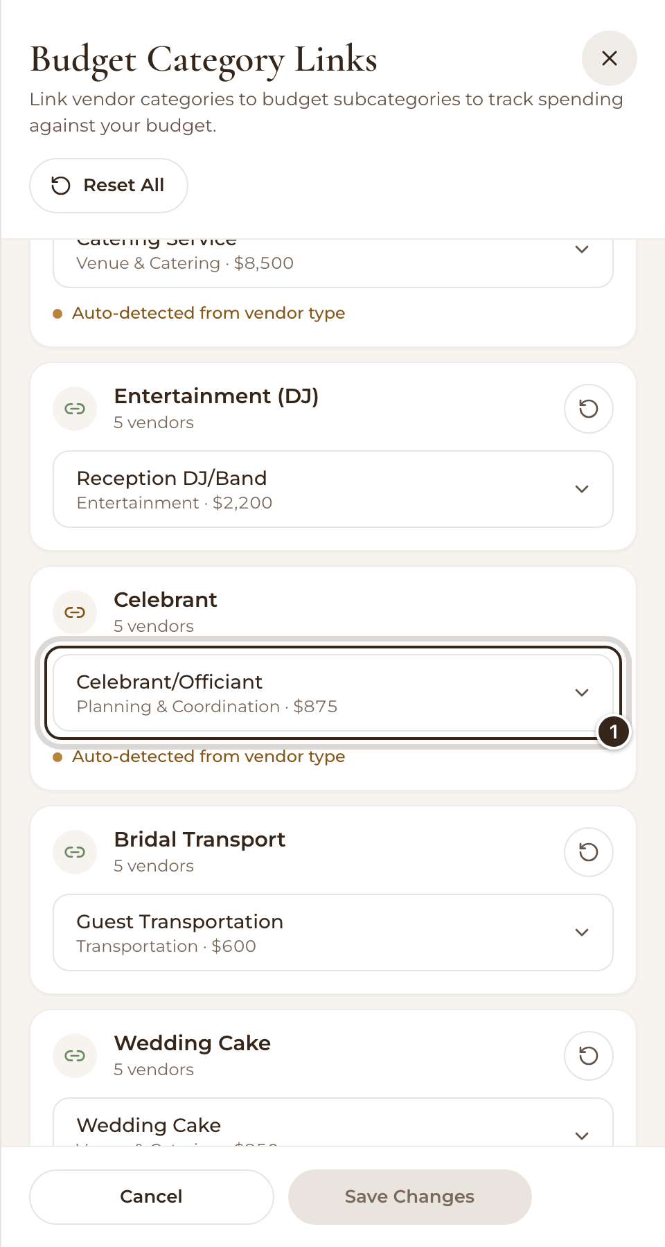 Budget Category Links with the Celebrant category on the Celebrant/Officiant line, auto-detected from its vendor type, and the list and Save Changes marked