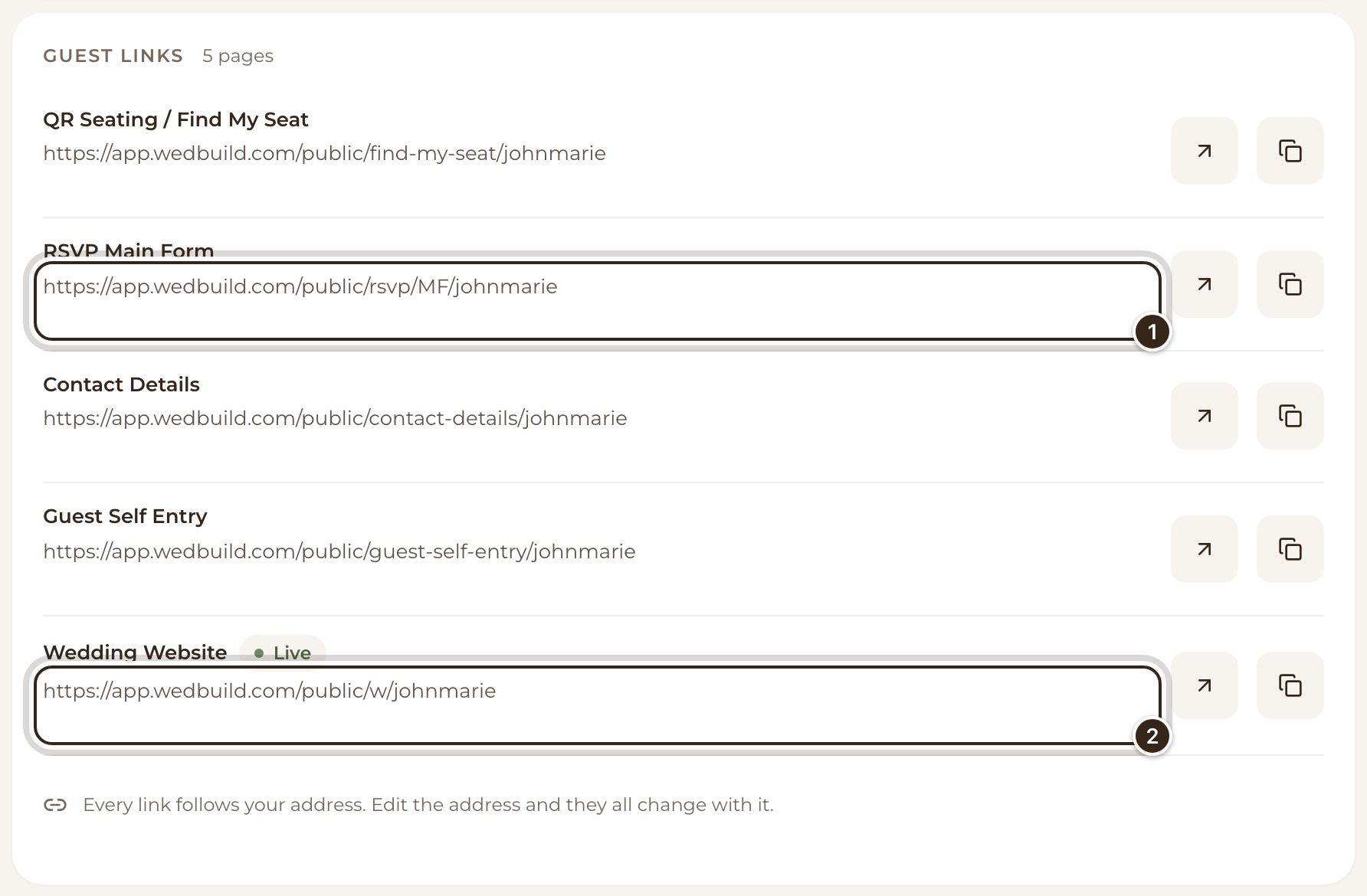 The Guest links tile in Settings, with the RSVP Main Form and Wedding Website addresses marked