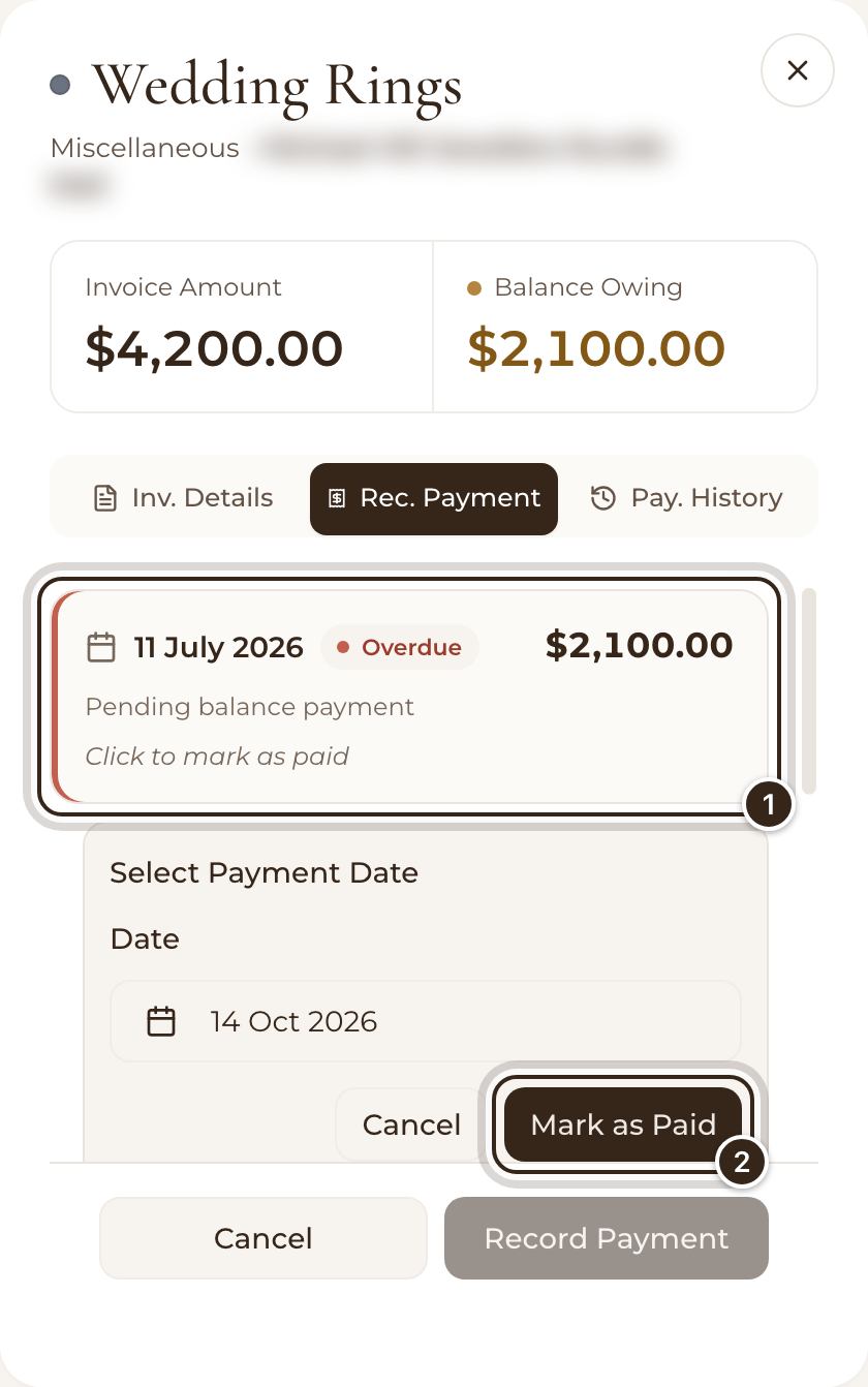 An invoice open on Rec. Payment, with an overdue payment chosen and Mark as Paid below it