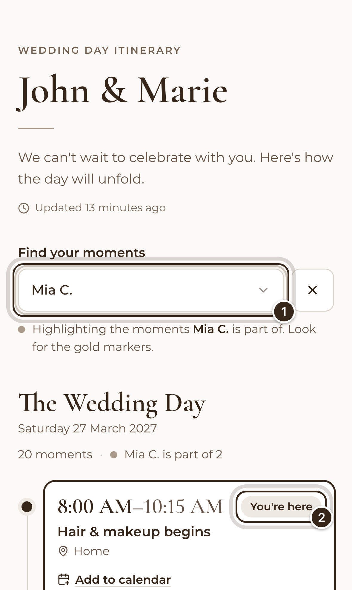 The guest link on a phone with Mia C. chosen under Find your moments and a moment marked You're here