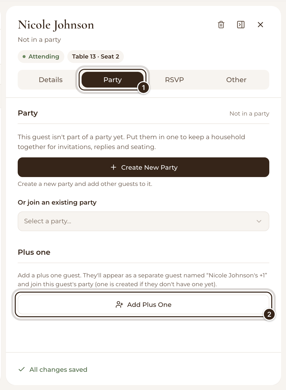 A guest's Party tab with the Party tab and the Add Plus One button marked