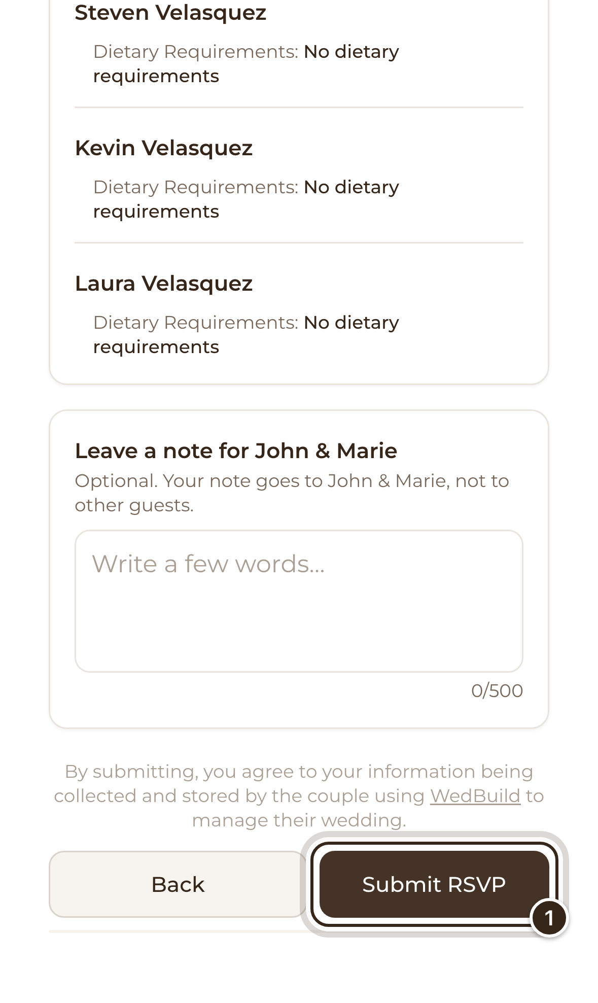 The review screen listing who's attending each event, with the Submit RSVP button marked