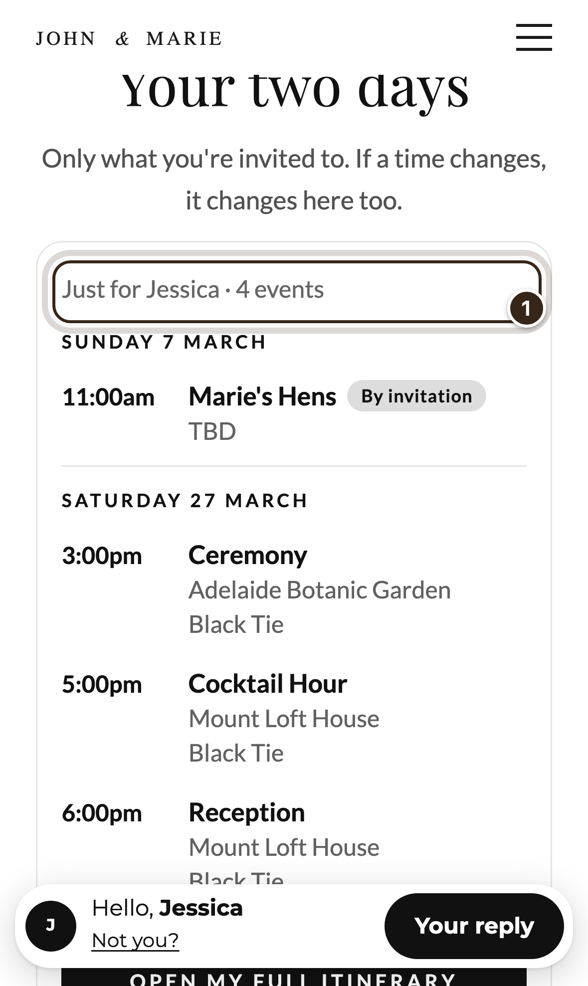 The Itinerary section on a phone, filled in for a guest, with its line naming them marked