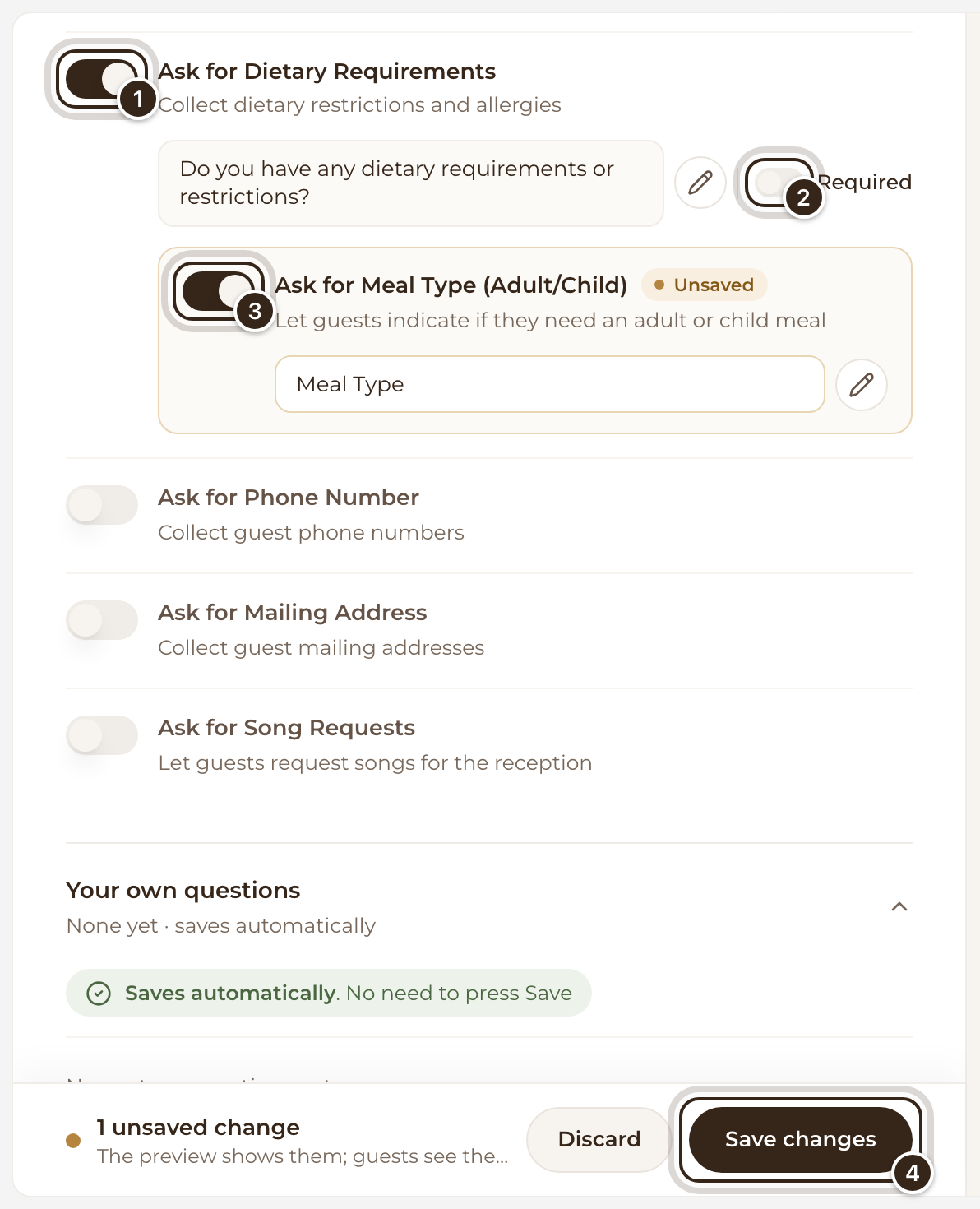 The Questions section with the dietary switch, its Required switch, the Meal Type switch and Save changes marked